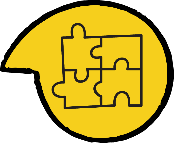 Yellow chat bubble with puzzle pieces inside.